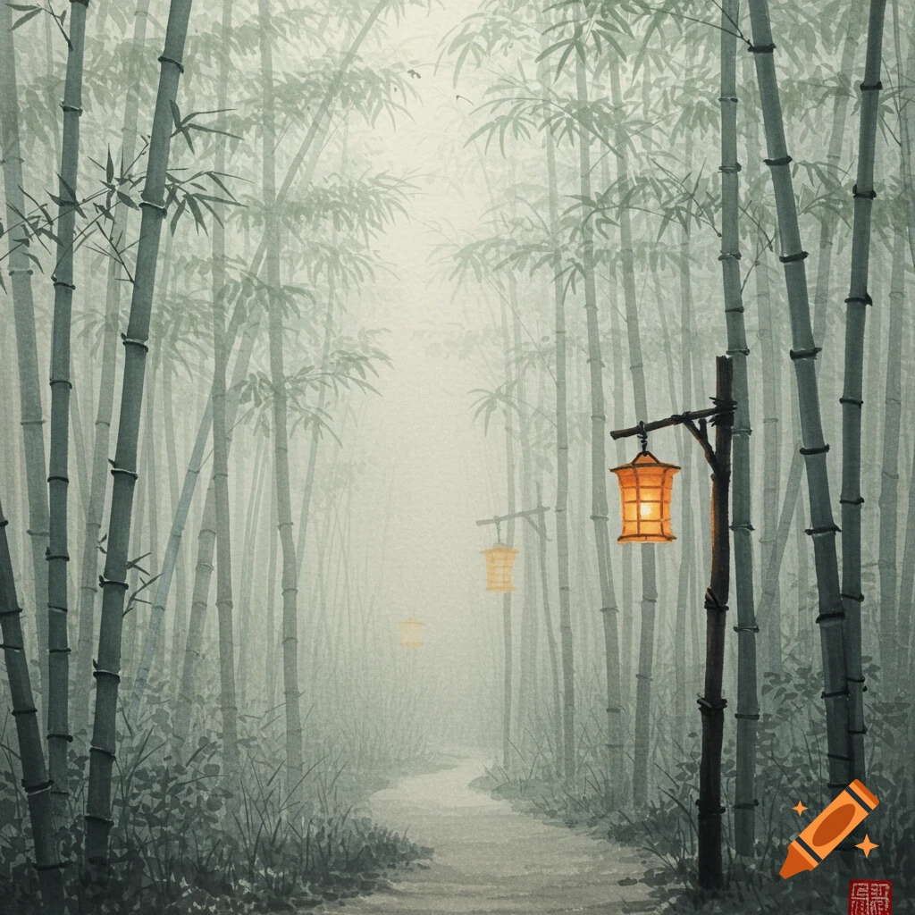 A serene ink wash painting shows a winding footpath through a misty bamboo forest with glowing paper lanterns.