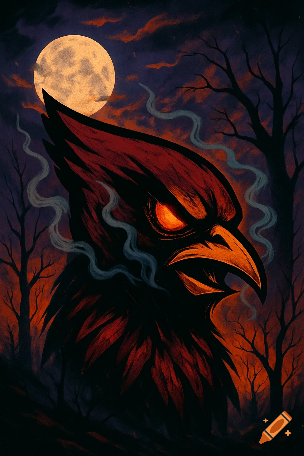 Stylized illustration of a ferocious red bird head with glowing eyes, smoke, and a full moon in a dark, Halloween forest.