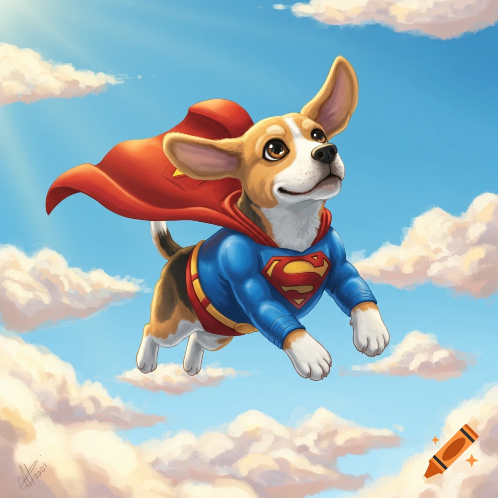 A cartoon beagle puppy dressed as Superman, wearing a blue suit with the 'S' logo and a red cape, flies through a sunny, cloudy sky.