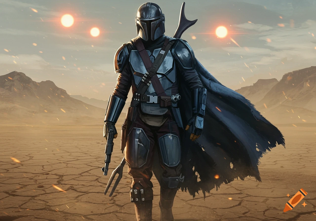 A Mandalorian warrior in dark armor and tattered cape stands in a cracked desert under twin suns, holding a rifle.