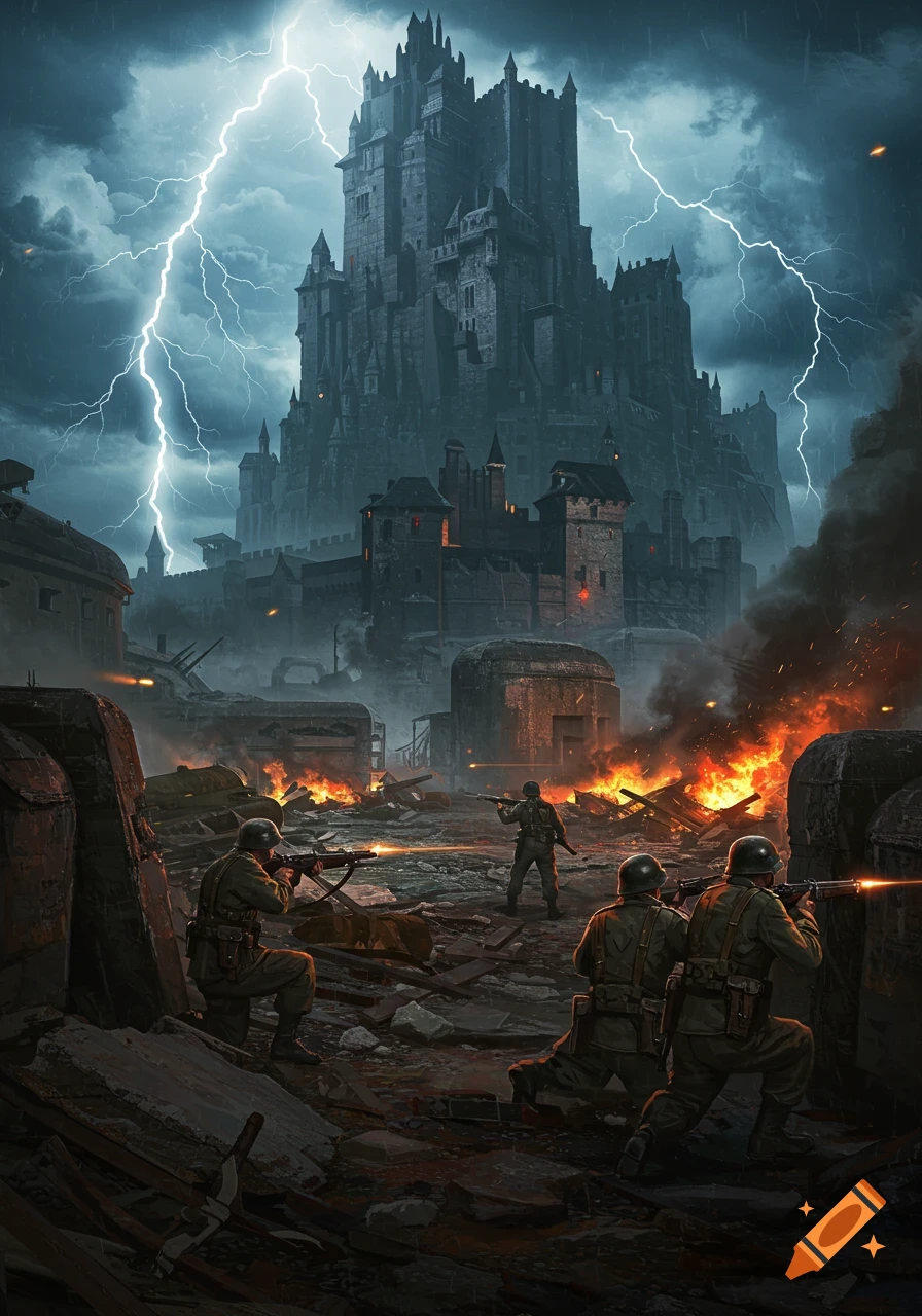 Soldiers battle in a ruined city with explosions and a gothic castle in the distance under a stormy sky with lightning.