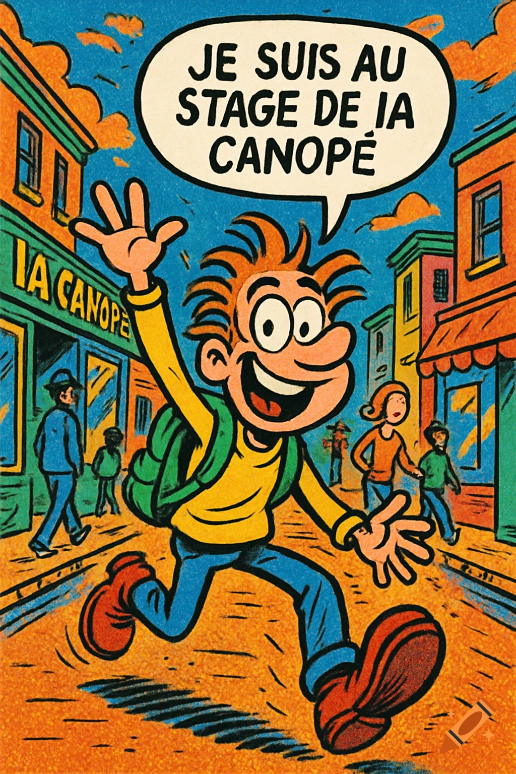 A smiling red-haired cartoon boy with a backpack runs down a city street in a comic book style. A speech bubble reads 'JE SUIS AU STAGE DE IA CANOPÉ'.