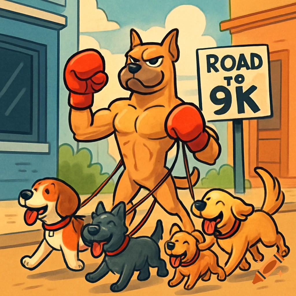A cartoon muscular boxer dog with red gloves walks four smaller, happy dogs on leashes on a street, passing a "ROAD TO 9K" sign.