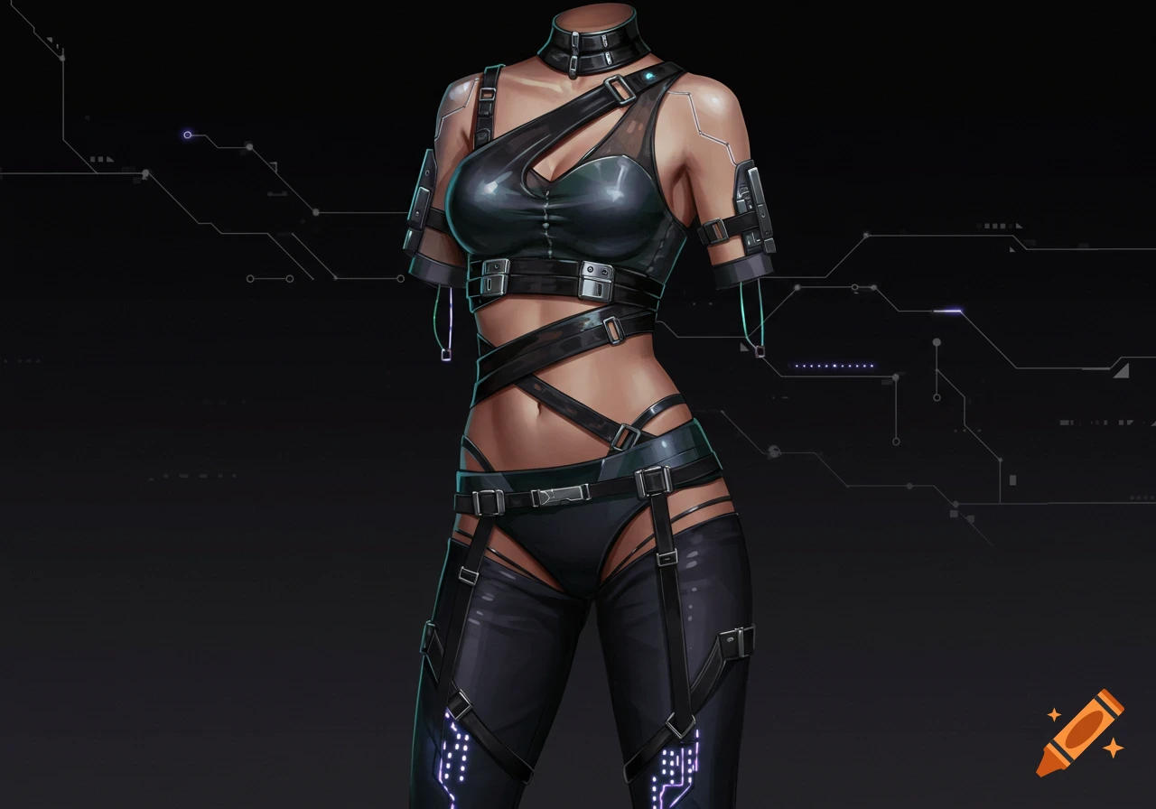 A headless, armless mannequin torso in a dark, futuristic cyberpunk outfit with glowing purple circuit patterns.