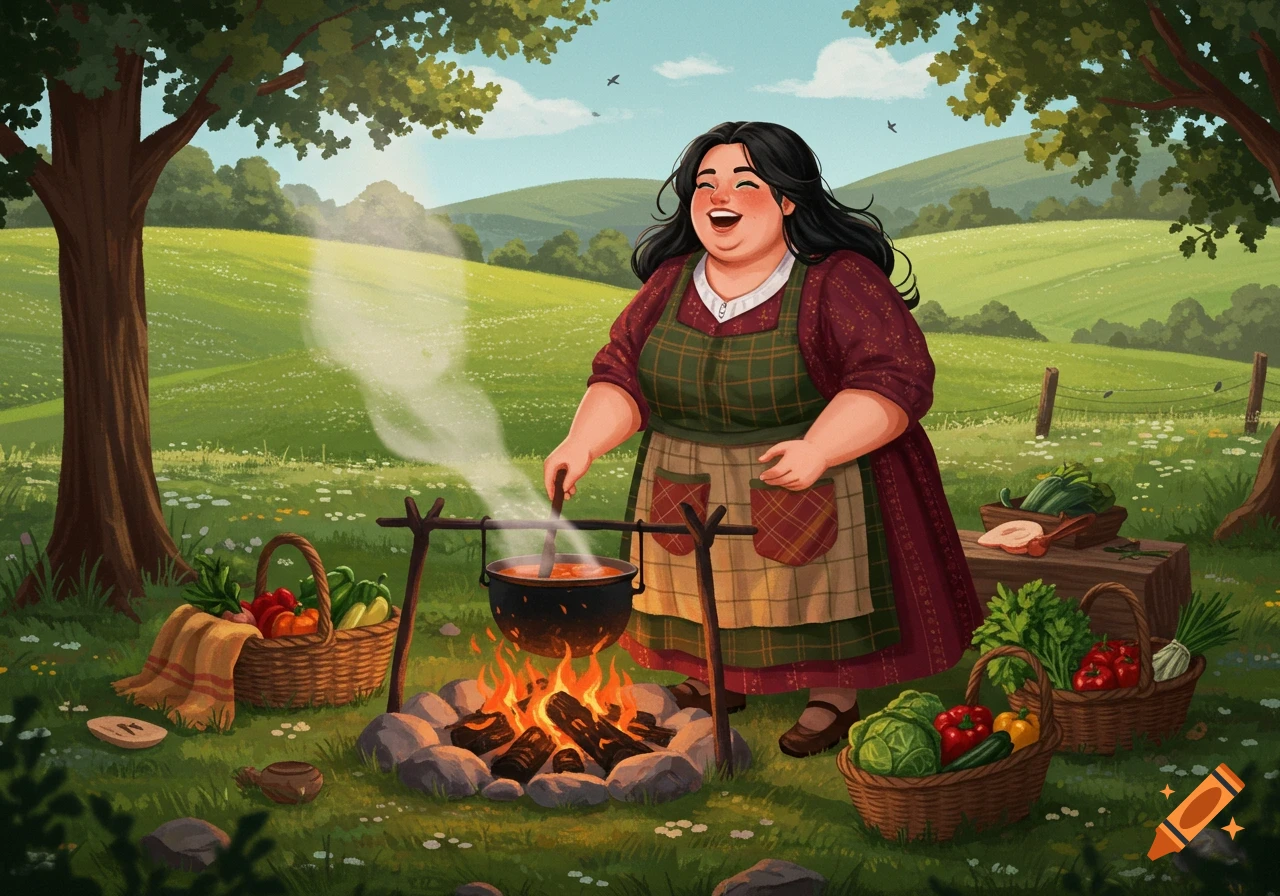 A happy, plus-sized woman in a traditional Welsh-style outfit cooks over a campfire in a lush green field.