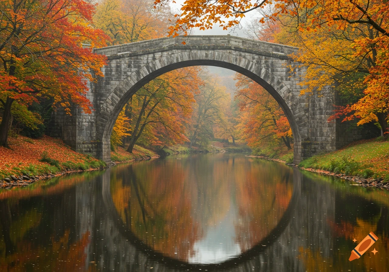 Photorealistic image of an arched stone bridge over a calm river, flanked by trees with vibrant red and orange autumn leaves.