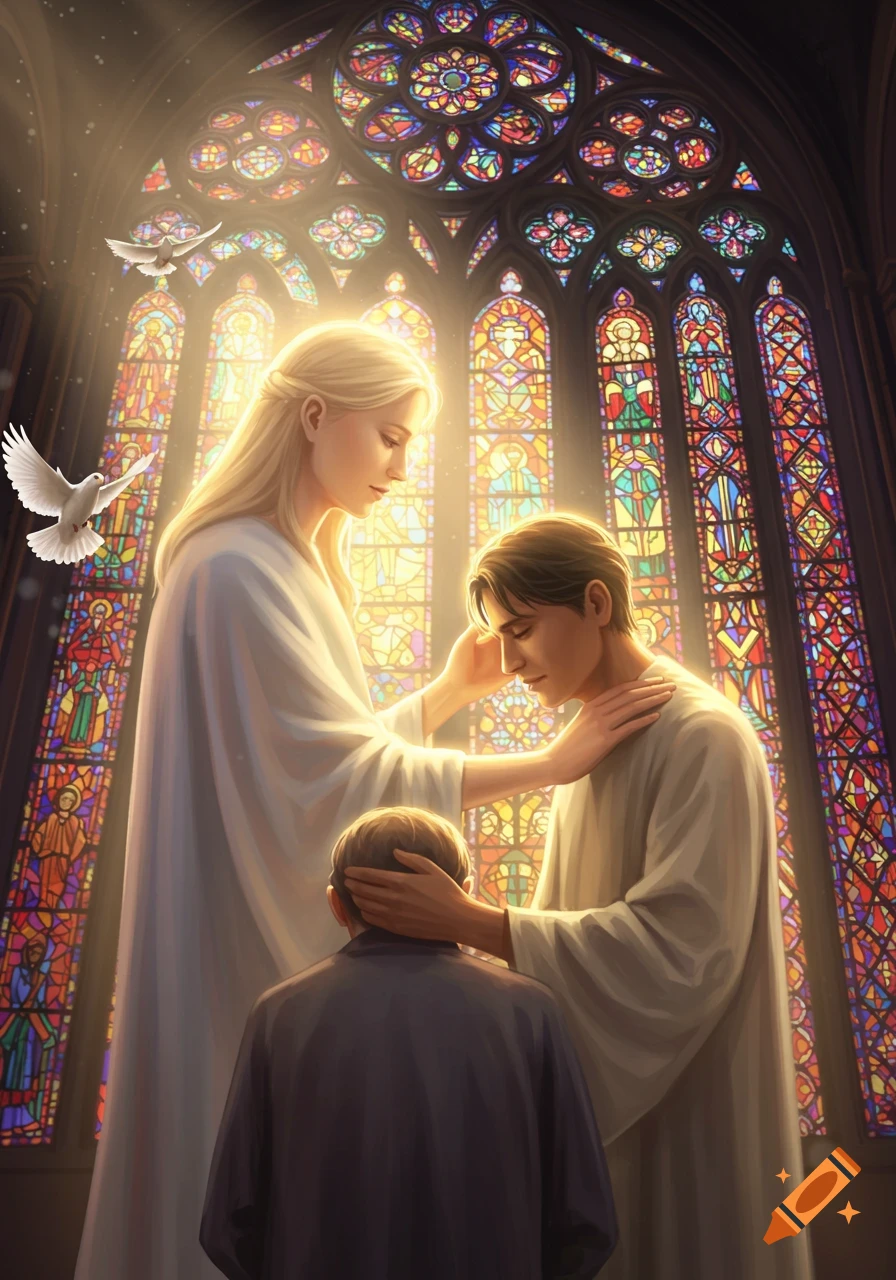 Ethereal image of a woman blessing two men in a cathedral, bathed in light from colorful stained glass windows, with doves flying.