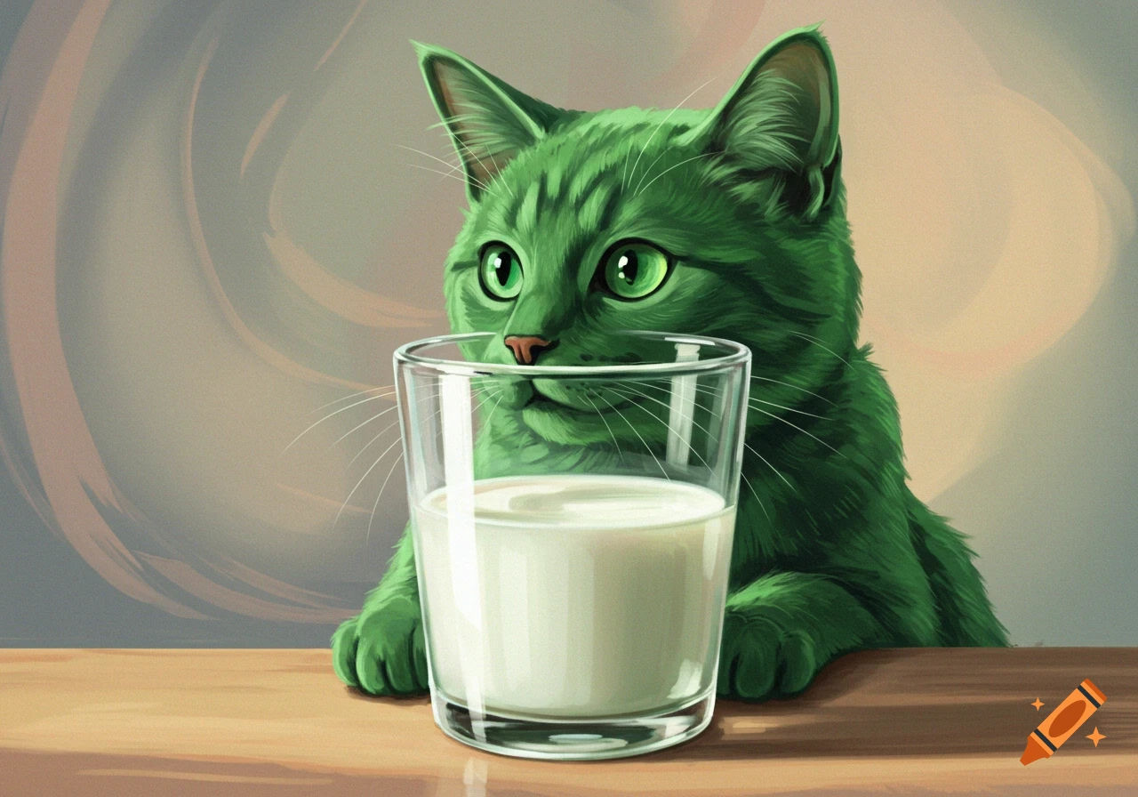 A vibrant green cat with bright green eyes looks intently at a glass of milk on a wooden table, in an illustrative style.
