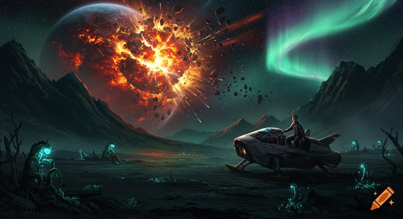A man in a futuristic hovercraft on a dark alien planet, a large planet exploding in the background under a green aurora.