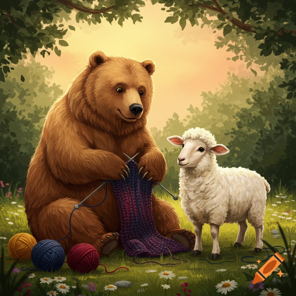 A friendly cartoon bear knits in a sunny forest clearing, with yarn balls at its feet, watched by a fluffy white sheep.
