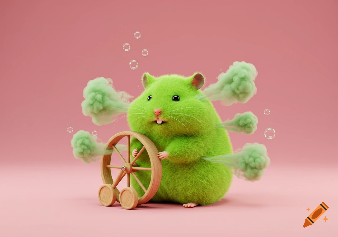 A fluffy green hamster emitting green smoke holds a wooden wheel against a solid pink background in a cute 3D rendering.
