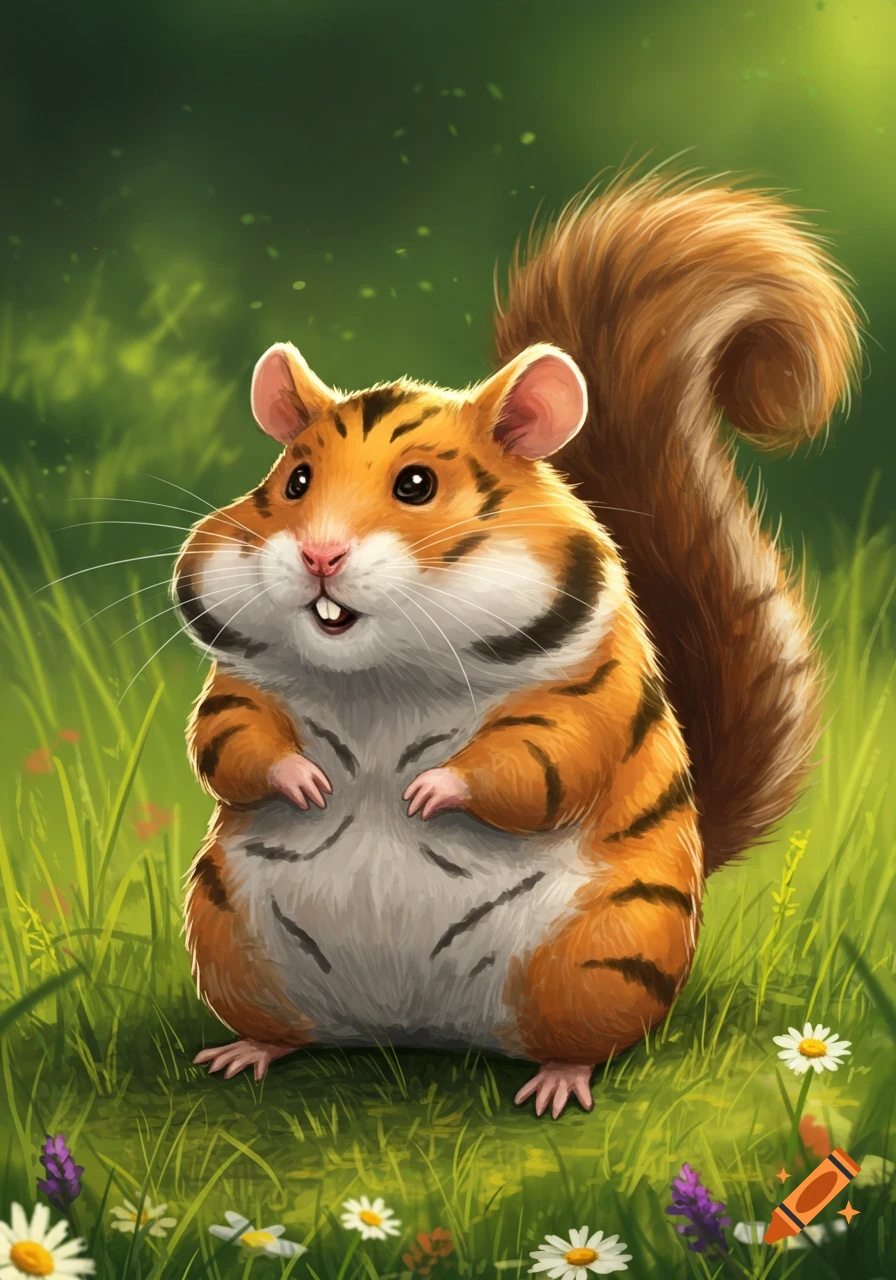 A cute, fluffy cartoon hamster with tiger stripes and a bushy squirrel tail stands in a grassy field with small flowers.