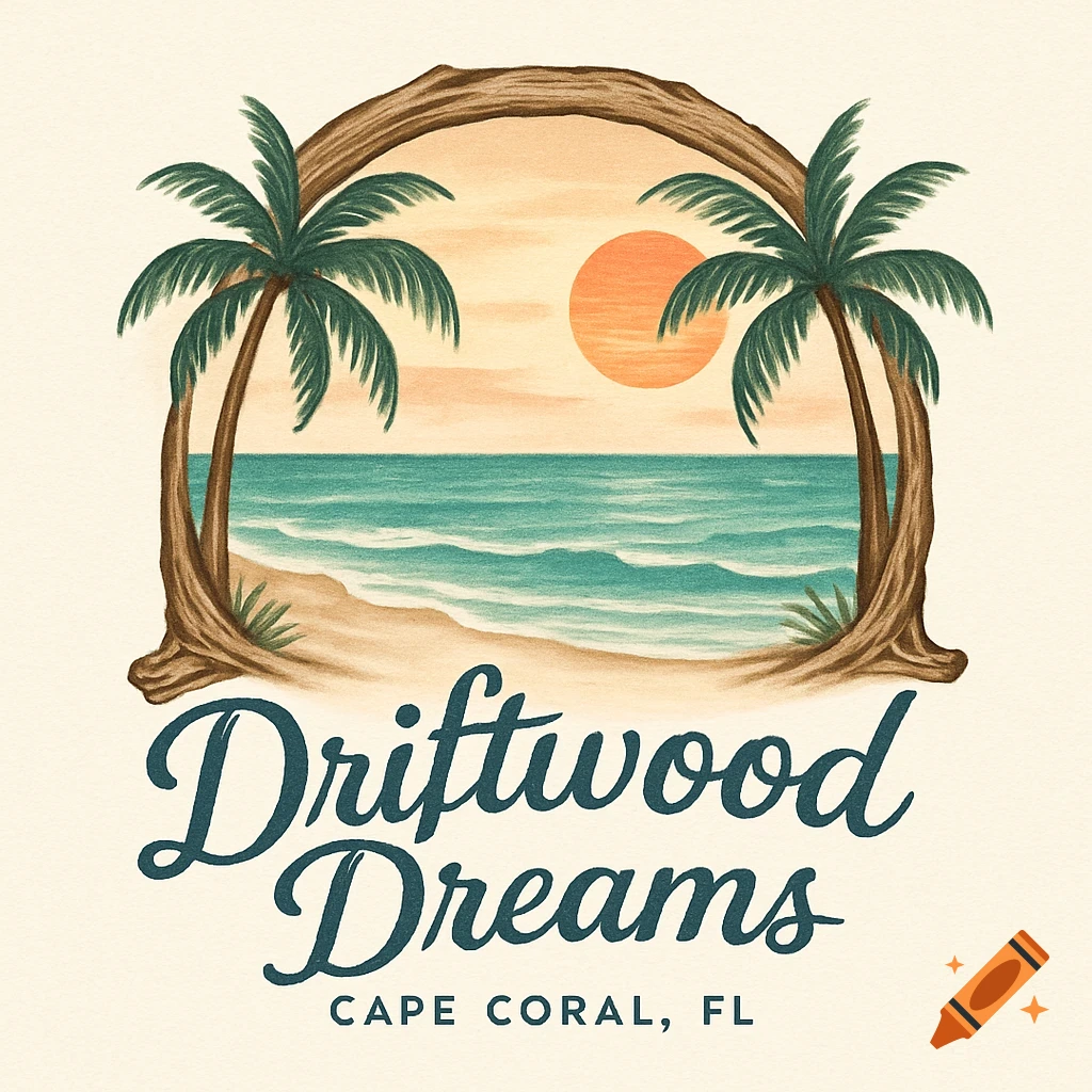 Illustrated tropical beach logo with palm trees, ocean, sunset, and the text 'Driftwood Dreams Cape Coral, FL'.