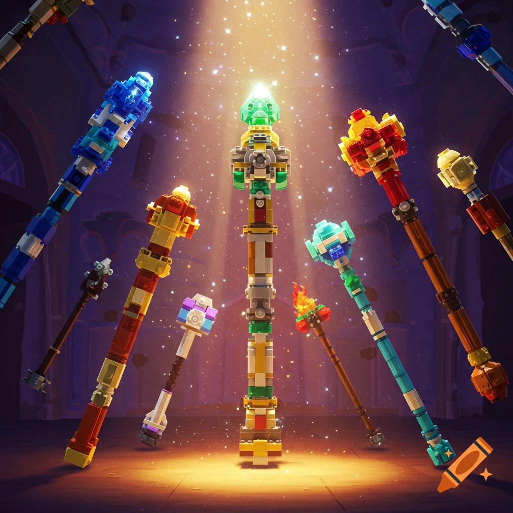 A collection of colorful Lego staffs or wands, varying in size and design, stand upright in a magical, sparkling light.