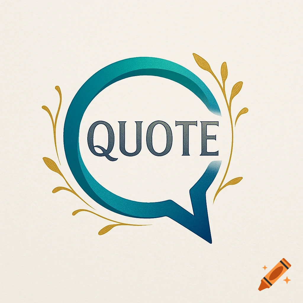A logo featuring the word 'QUOTE' in a teal speech bubble with golden leaf accents on a cream background.