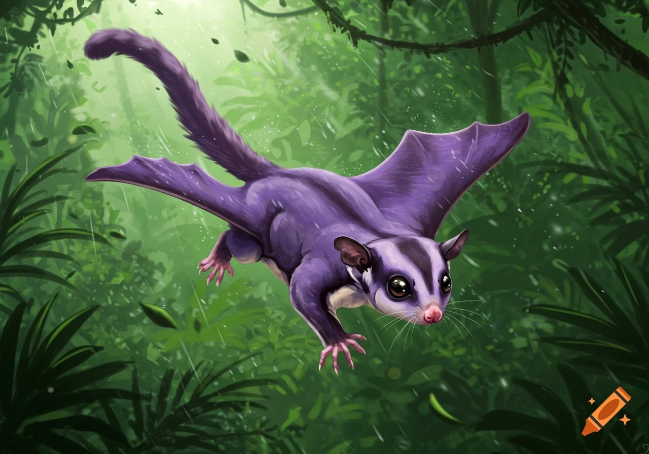 A vibrant purple sugar glider with large eyes glides through a lush green jungle with falling rain, in a stylized illustration.