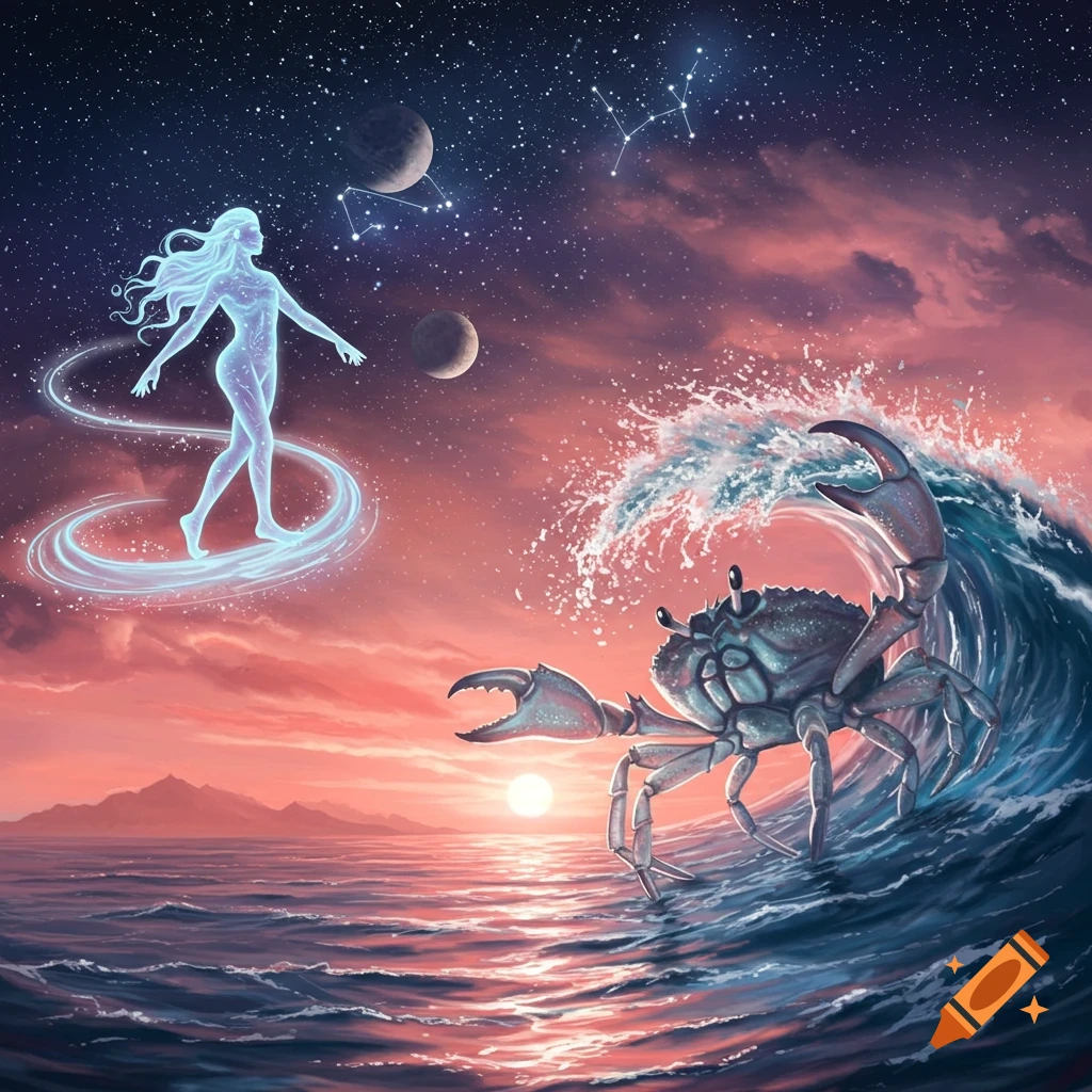 An ethereal glowing figure and a large crab on an ocean wave under a cosmic sunset sky.