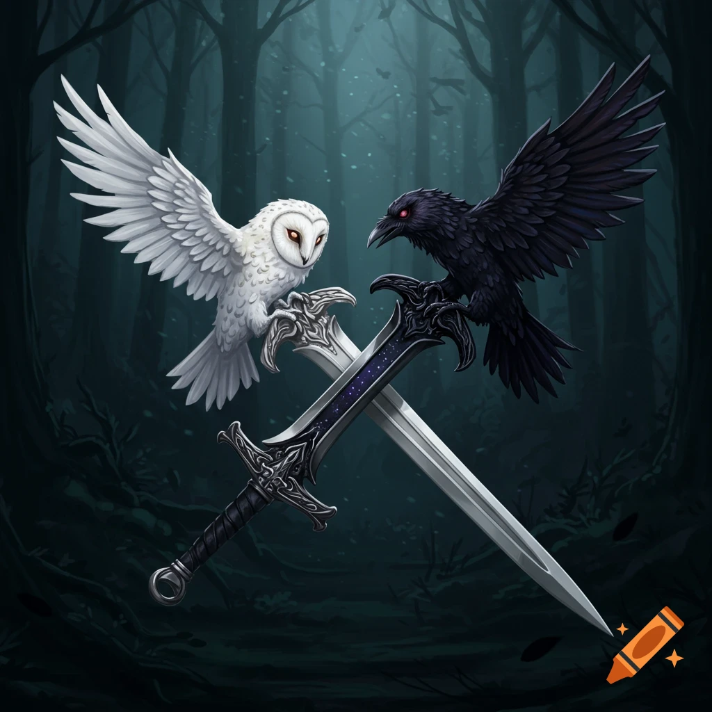 A white owl and a black raven perch on two intricately designed, crossed swords in a dark forest, in a stylized illustration.