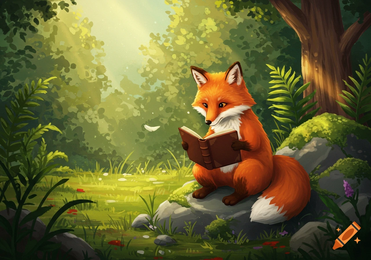 A stylized red fox with a white belly sits on mossy rocks in a sunlit forest, reading a brown book.