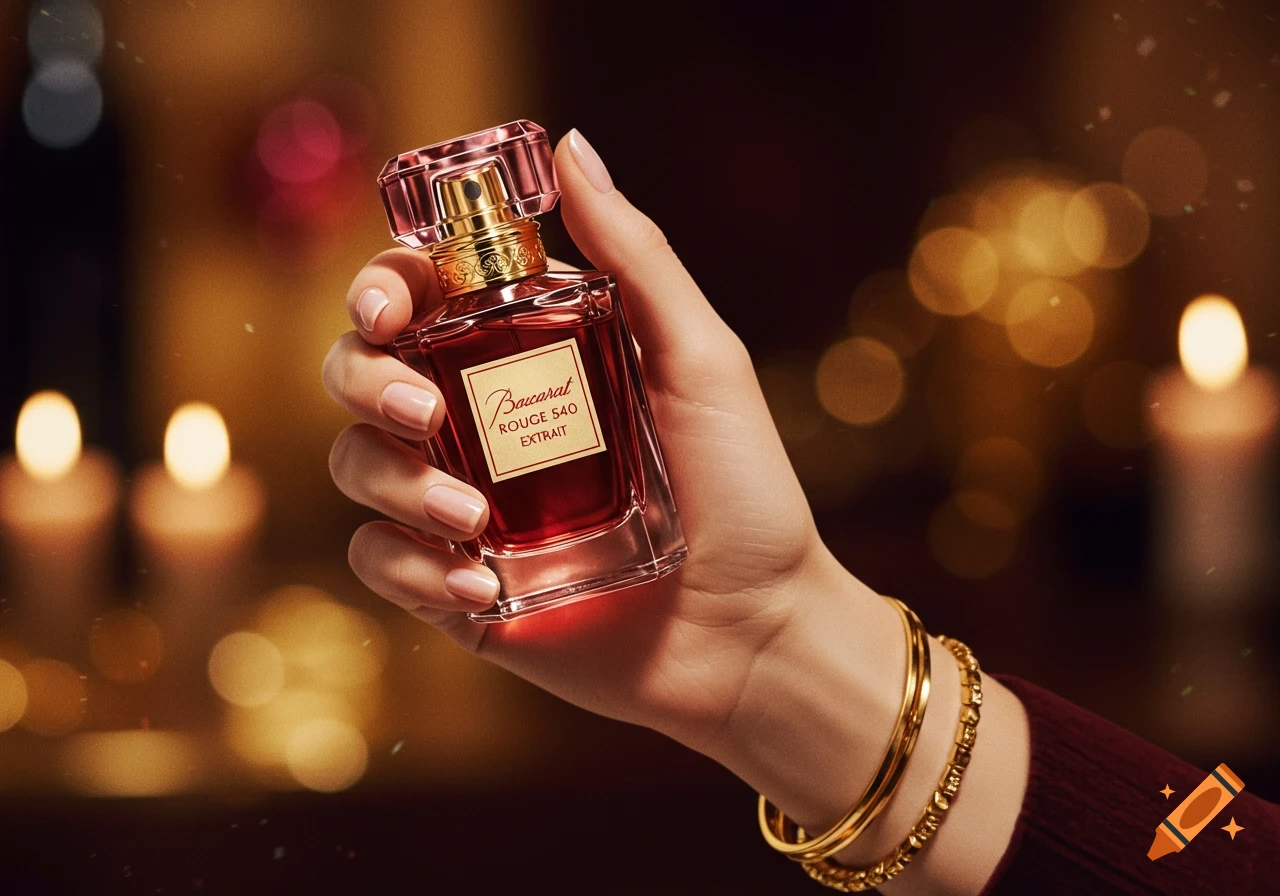 A hand with gold bracelets holding a bottle of Baccarat Rouge 540 Extrait perfume against a blurred, warm background with candles.