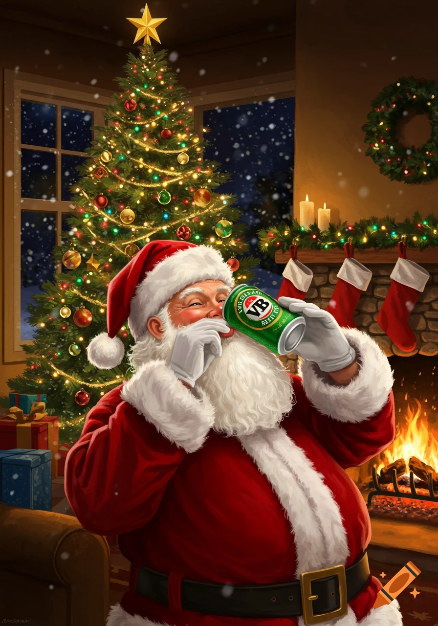 Whimsical illustration of Santa Claus happily drinking from a green beer can in a cozy Christmas living room.