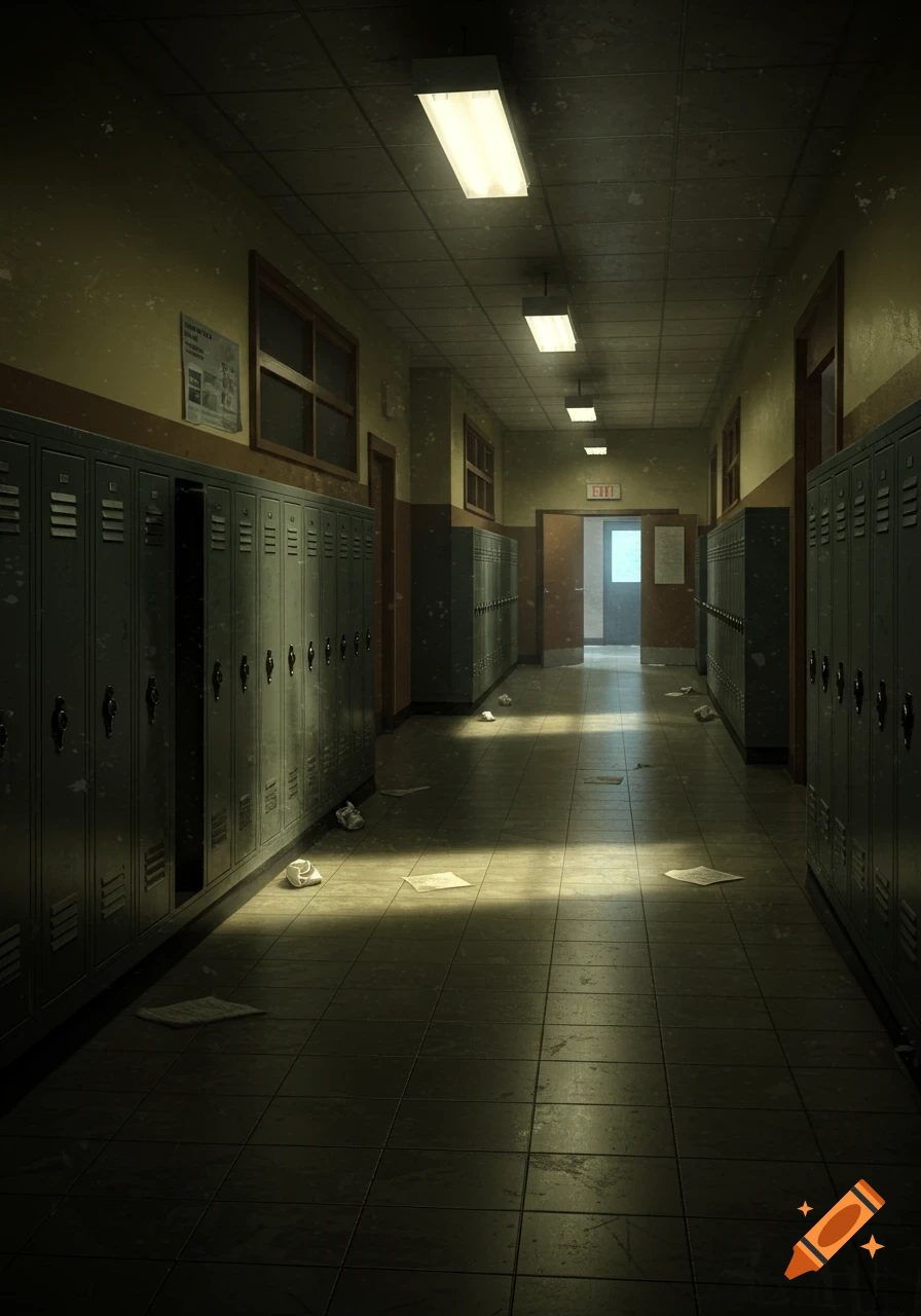 A dimly lit, somber school hallway with rows of lockers, one open, and scattered papers on the floor, leading to an exit door.