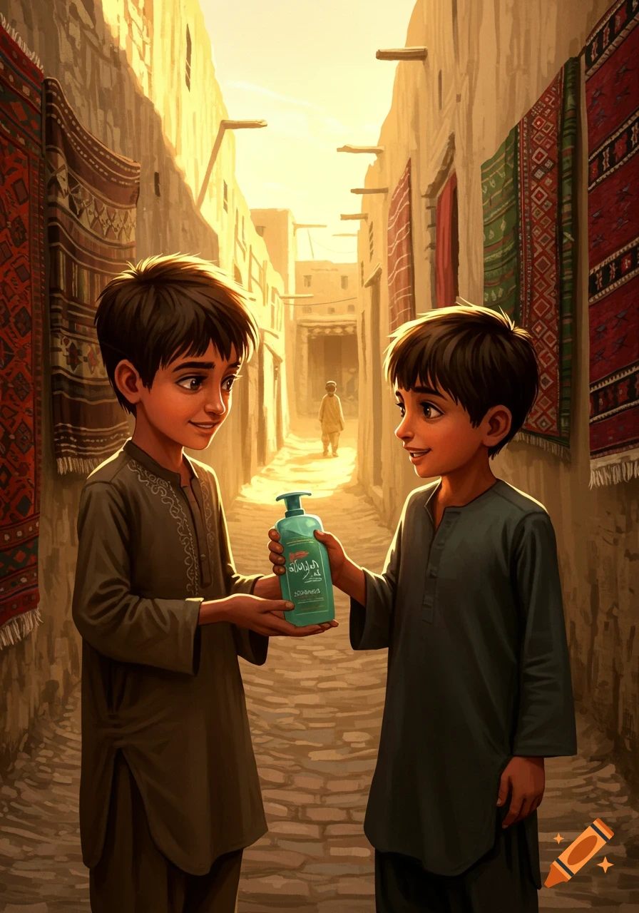 Two smiling boys in traditional attire exchange a teal shampoo bottle on a sunlit, narrow street lined with patterned carpets.