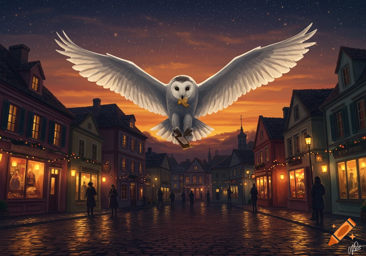 A majestic white barn owl flies with outstretched wings over a festive cobblestone street in a quaint town at sunset, carrying a small package.
