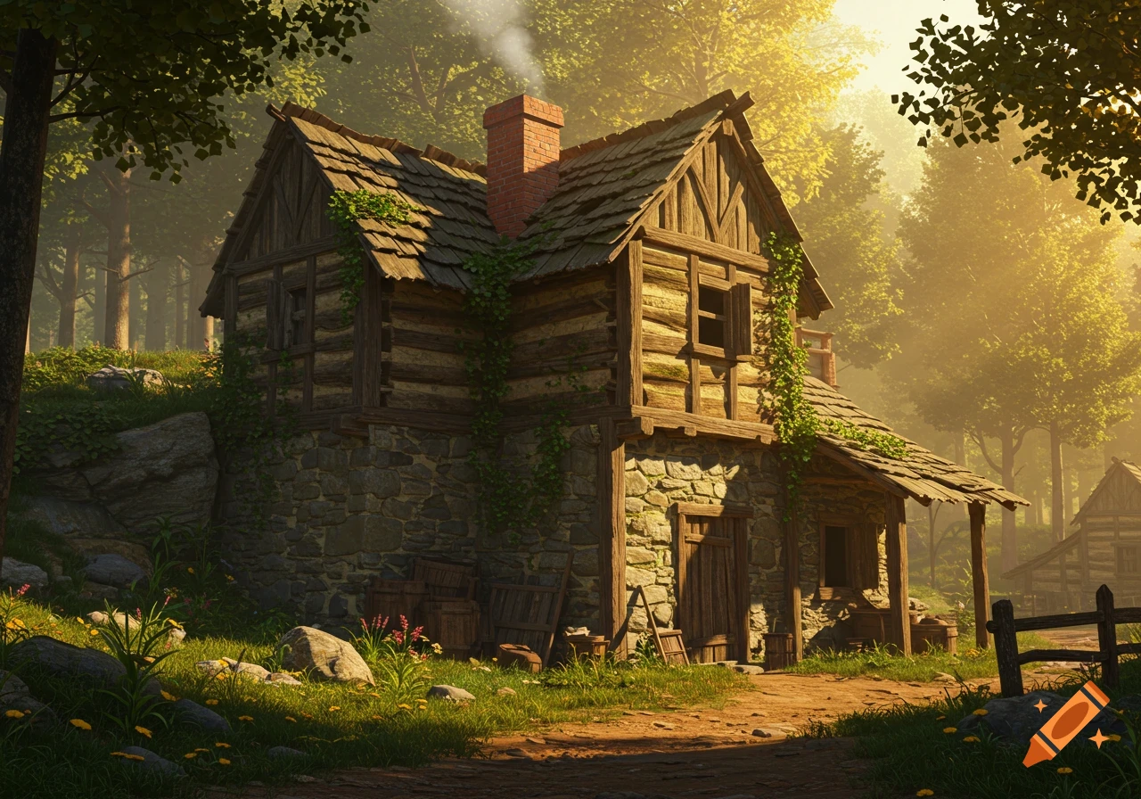A rustic two-story cabin made of wood and stone, nestled in a sunlit forest clearing with a dirt path.