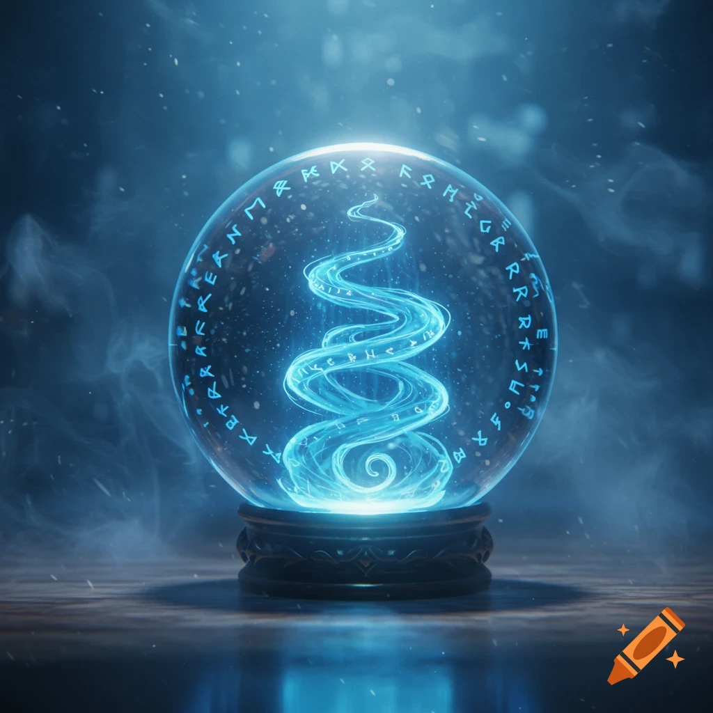 A glowing blue spiral of energy within a magical crystal ball on a wooden surface, surrounded by mystical runes.