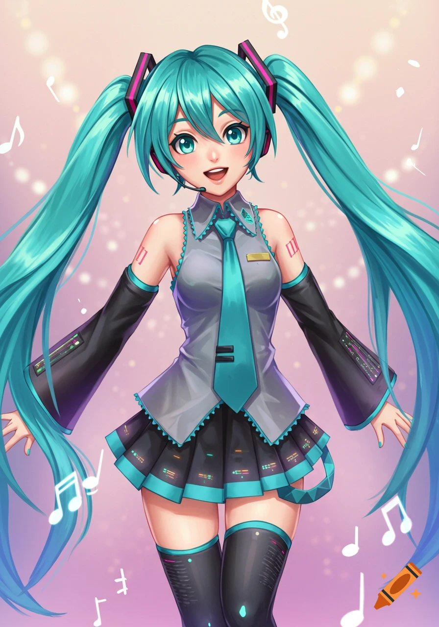 Full-body anime illustration of Hatsune Miku with long teal pigtails, wearing her signature outfit, smiling with a headset. Musical notes float around.