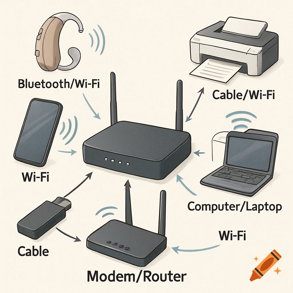 Illustration of a router connecting to a hearing aid, smartphone, USB dongle, printer, and laptop via Wi-Fi, Bluetooth, and cable.