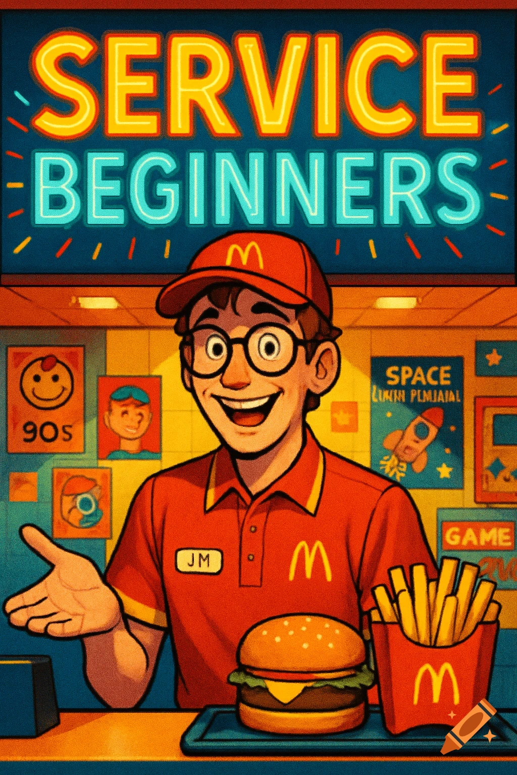 A smiling cartoon McDonald's worker in glasses and a red uniform with text "SERVICE BEGINNERS" above, standing next to a burger and fries. Posters in the background feature 90s imagery and a rocket.