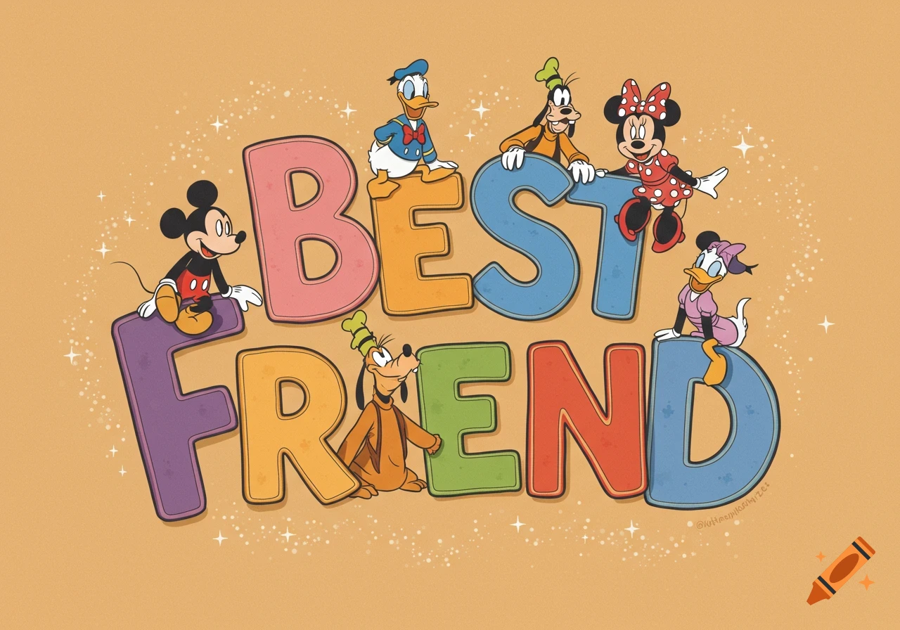 Mickey Mouse, Donald Duck, Goofy, Minnie Mouse, and Daisy Duck playfully pose on colorful letters spelling 'BEST FRIEND' in a cartoon illustration.