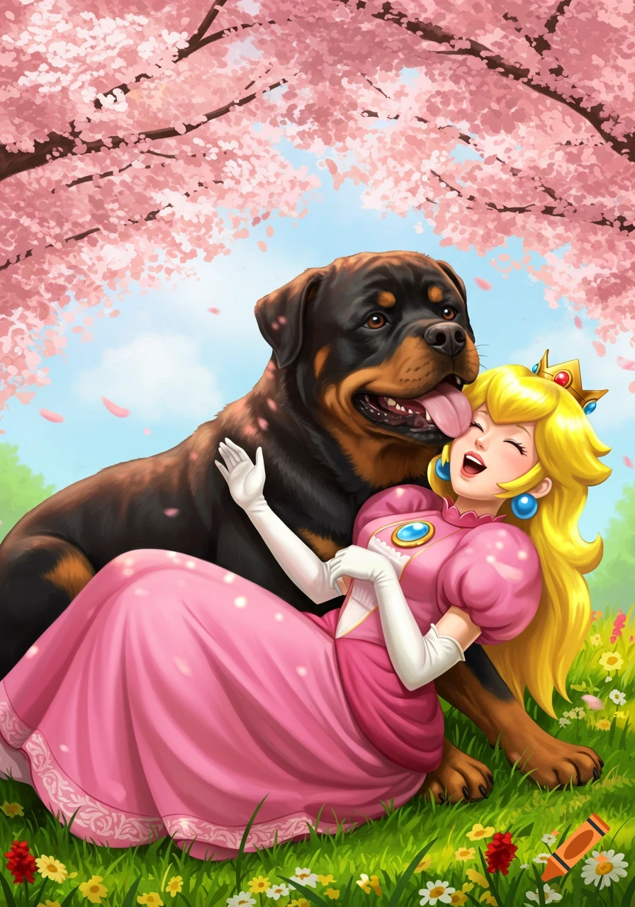 Princess Peach laughs as a Rottweiler licks her face under a cherry blossom tree, cartoon style.