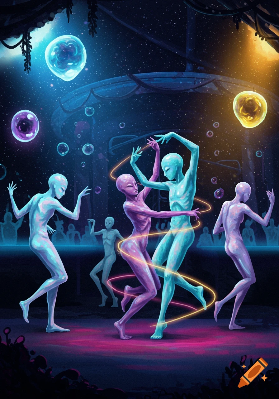A group of colorful, stylized aliens dancing on a stage under cosmic lights and floating bubbles.