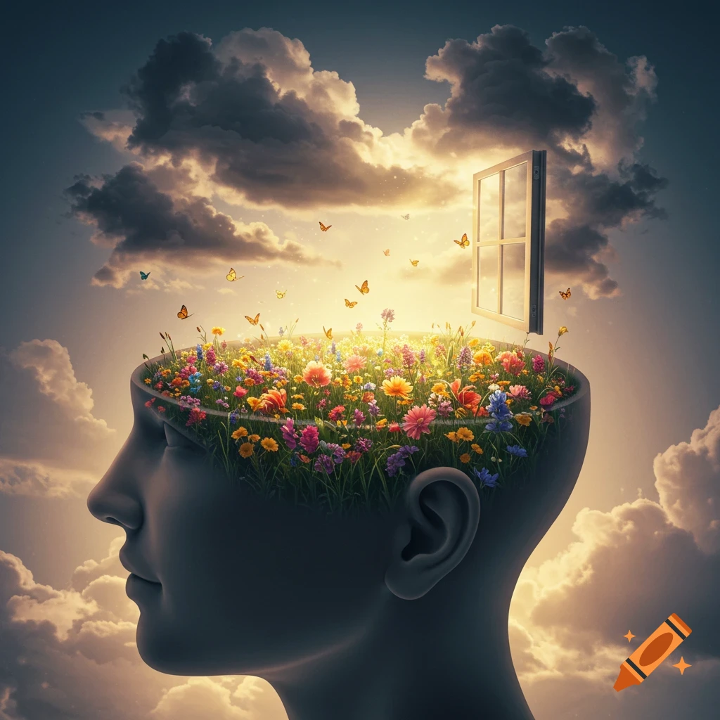 A profile of a human head with the top open, revealing a vibrant garden of flowers and butterflies, a window, and clouds.