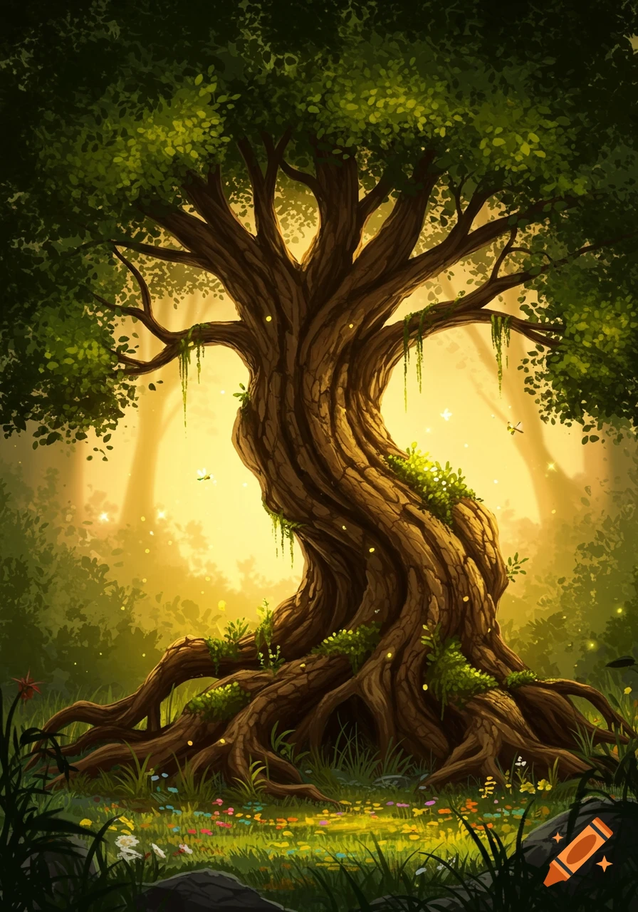 Vibrant illustration of a majestic, ancient tree with glowing elements in an enchanting, sunlit forest.