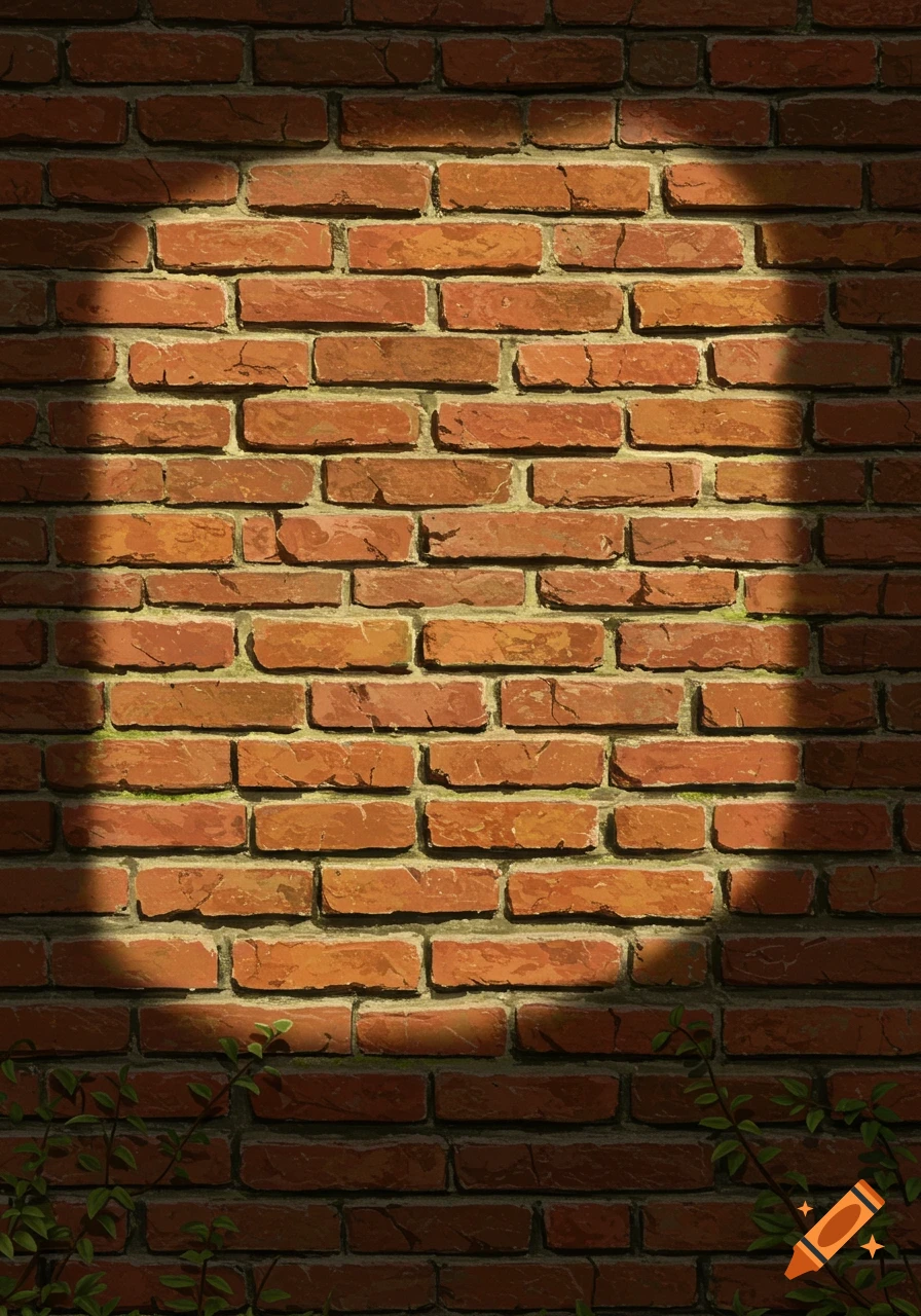 A red brick wall with a circular spotlight illuminating the center and small green plants at the bottom.