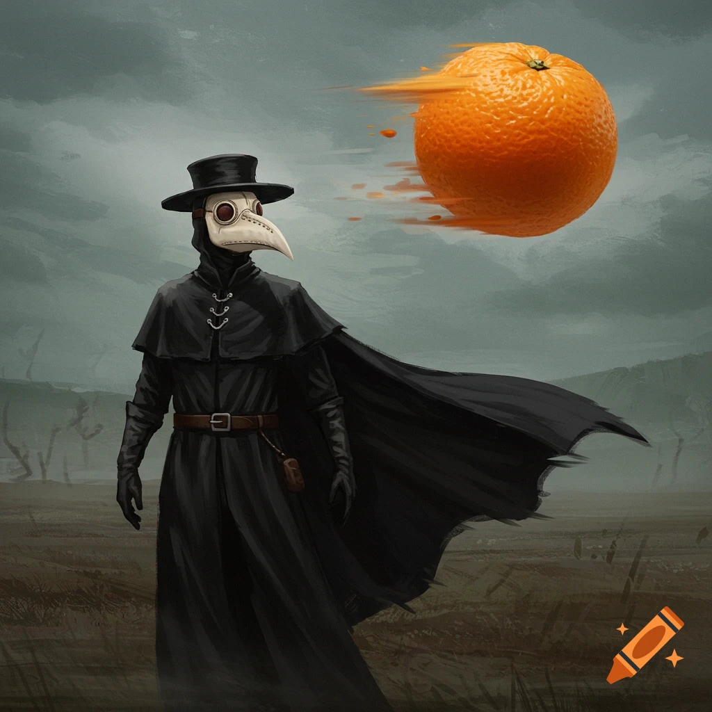 An illustration of a plague doctor in a dark landscape, looking at a giant orange fruit flying past with motion blur.