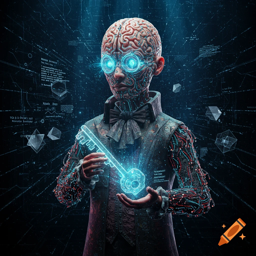 A cyborg-like character with an exposed brain and glowing circuits holds a luminous blue digital key in a sci-fi setting.