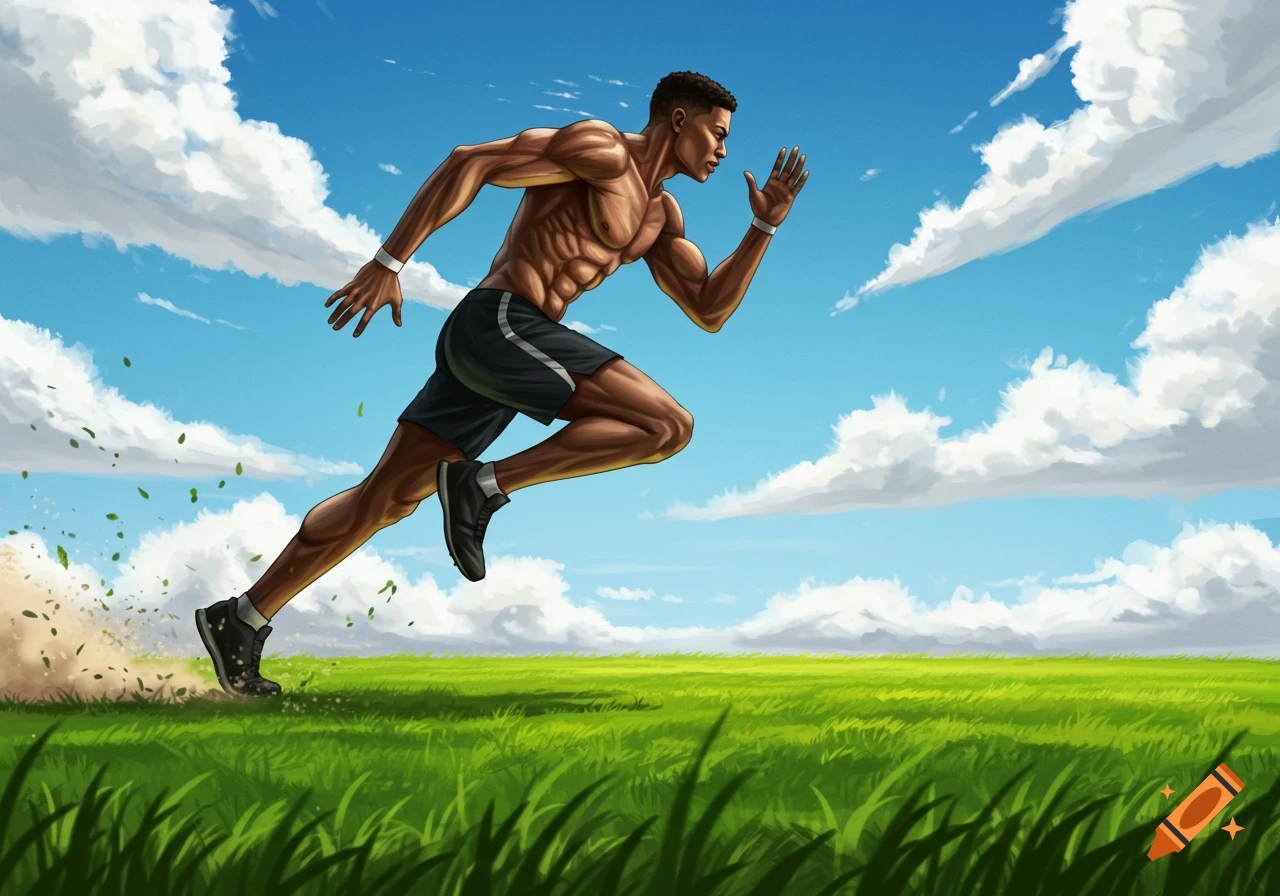 A muscular man sprints shirtless across a vibrant green field under a blue sky with white clouds.