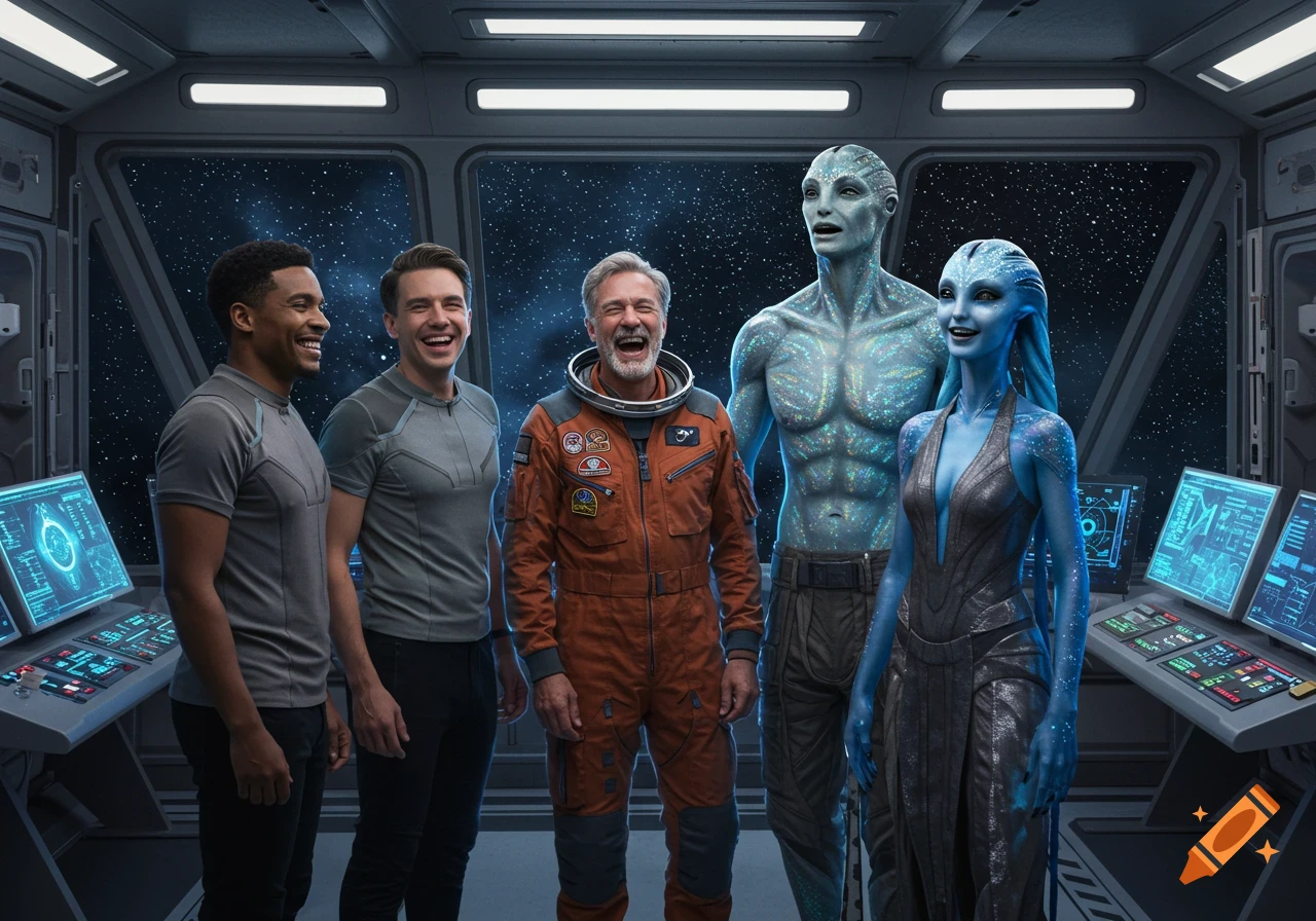 Five smiling figures, three humans and two blue-skinned aliens, stand in a spaceship cockpit looking out at a starfield, with control panels on either side.