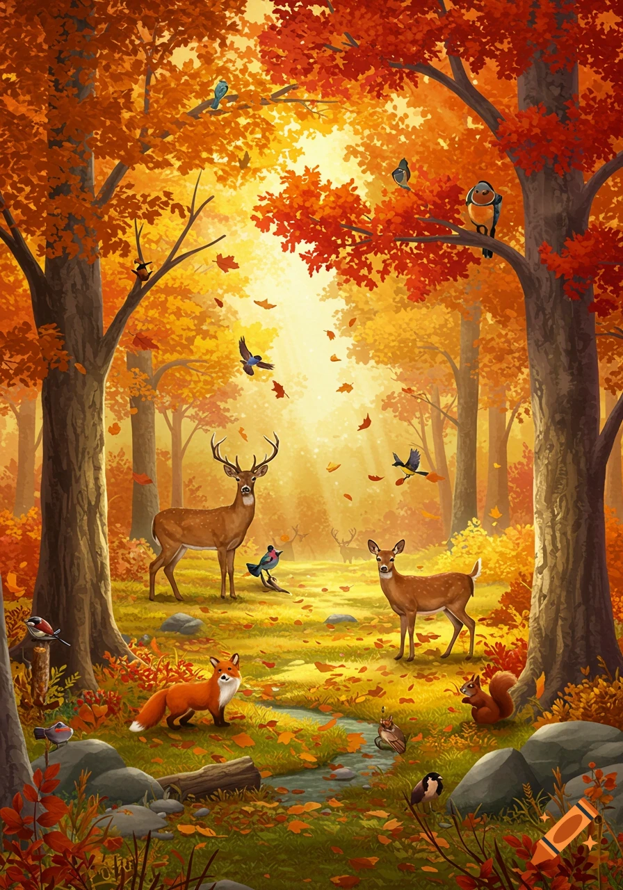 Vibrant illustration of an autumn forest teeming with deer, a fox, a squirrel, and various birds, bathed in golden sunlight and falling leaves.