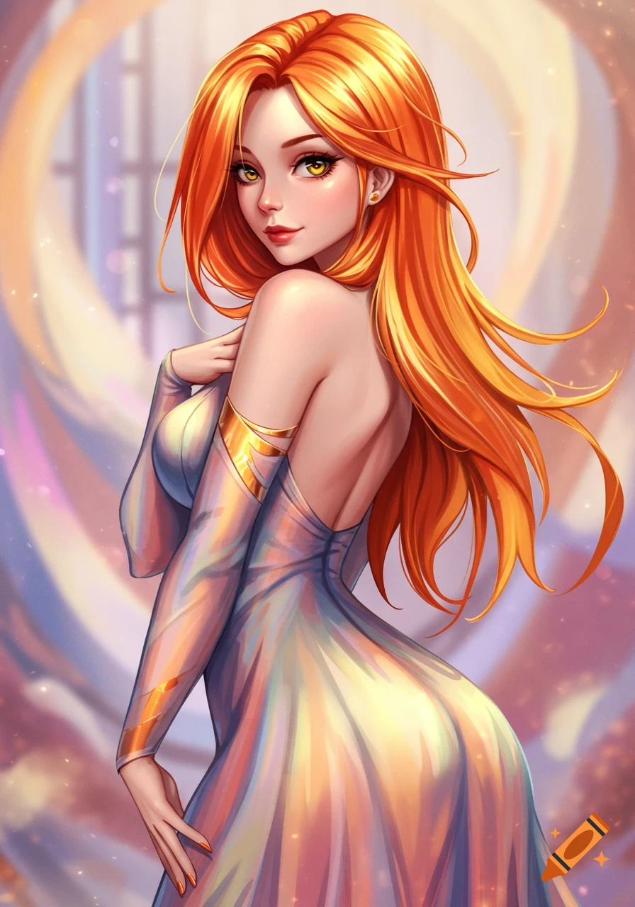 Anime woman with flowing orange hair and golden eyes in a shimmering, elegant open-back dress, against a soft, glowing background.