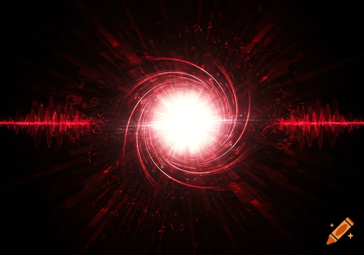 A bright white light at the center of a red swirling vortex with red sound waves on a black background.