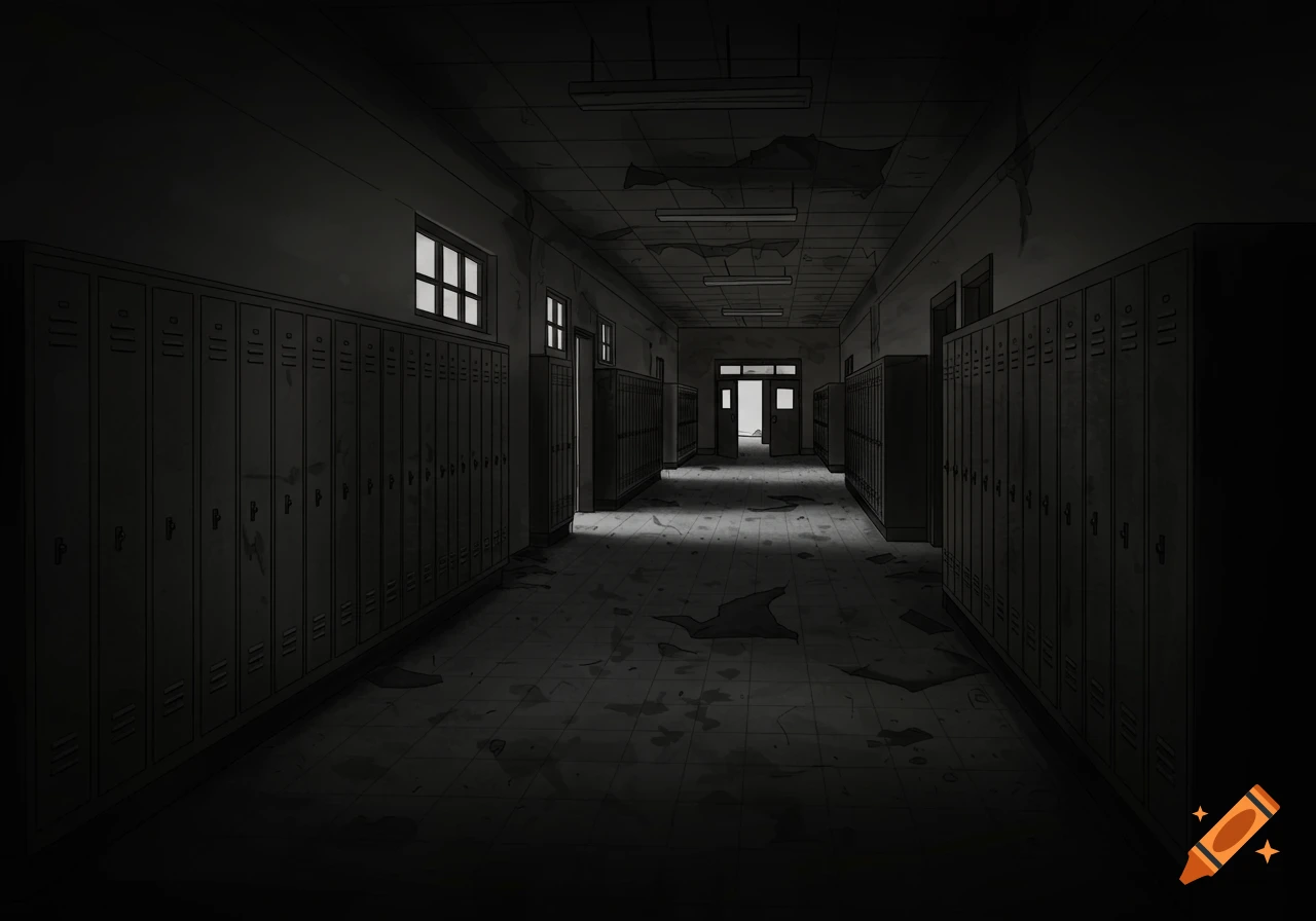 Dark, moody line art illustration of an abandoned school hallway with rows of lockers, a damaged ceiling, and light from windows and open doors at the end.