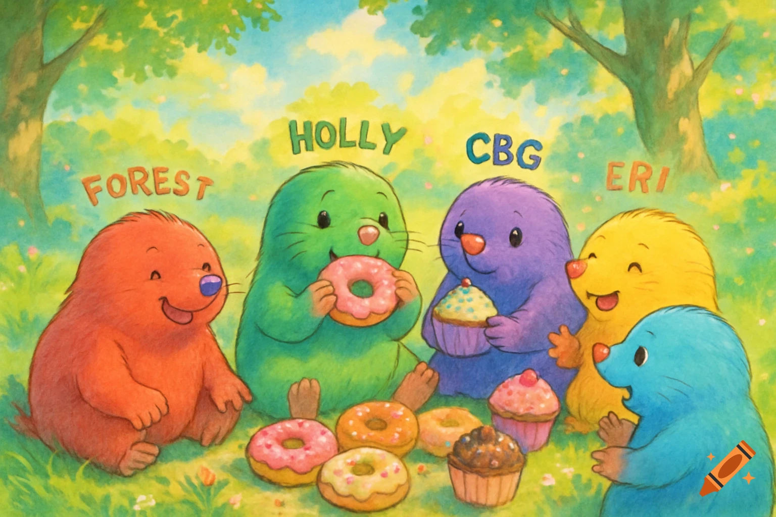 Colorful hand-drawn cartoon moles eating donuts and cupcakes in a forest setting.