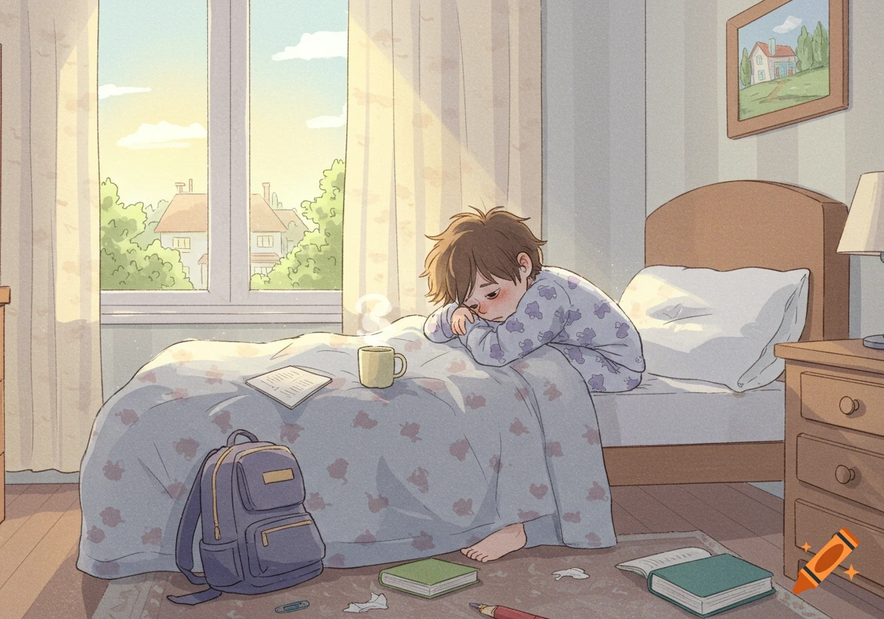 An illustration of a tired child in pajamas resting their head on a bed in a sunlit bedroom with a backpack and books nearby.