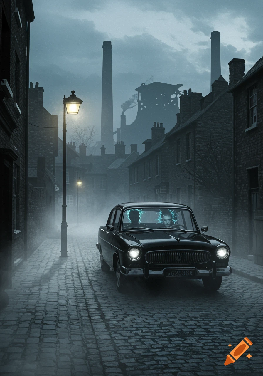 A black vintage car with two people inside, illuminated by glowing streetlights on a foggy, cobbled street with industrial buildings in the background under a cloudy sky.